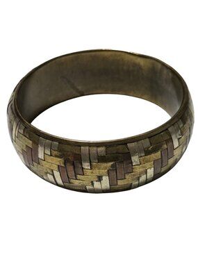 Vintage Brass Bangle Bracelet Woven Metal Inlay Retro Art Deco Fashion Jewelry